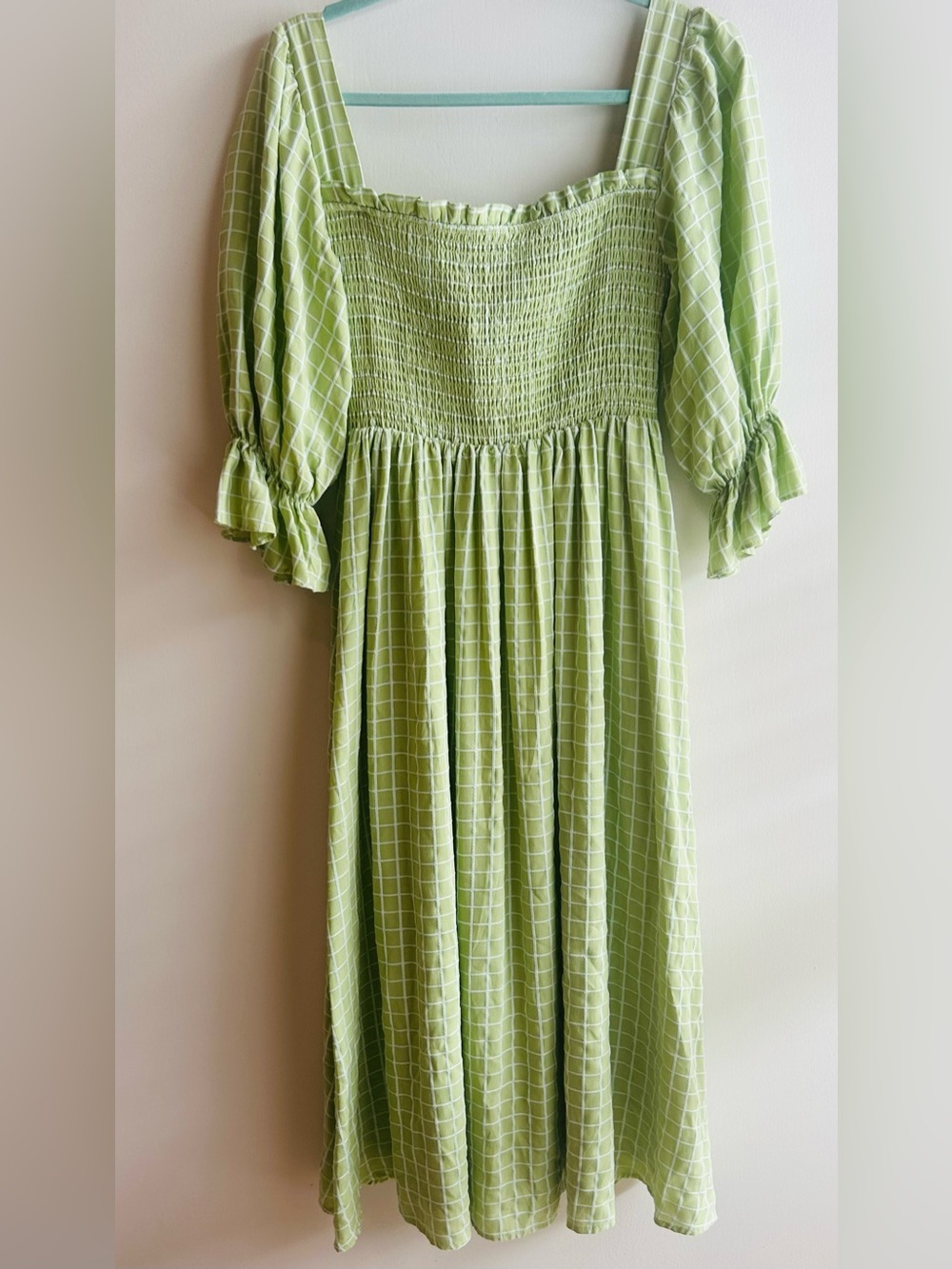 Aura Light Green Smocked Top with White Grid - Picture 3 of 4